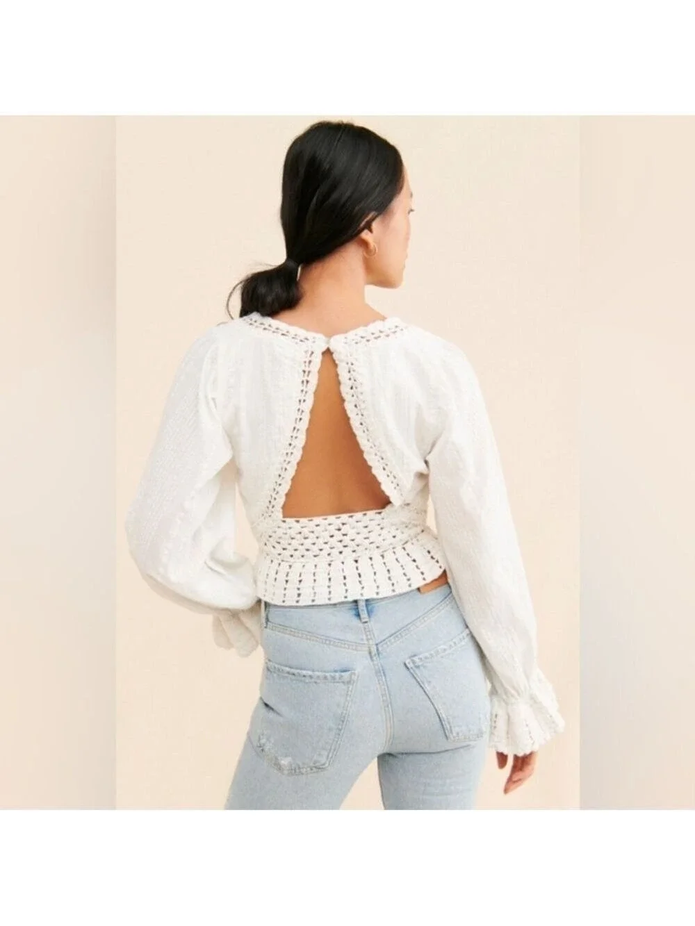 NWT $128 - Free People Megan Scoop Neck Long Puff Sleeve Crochet Top - Multiples